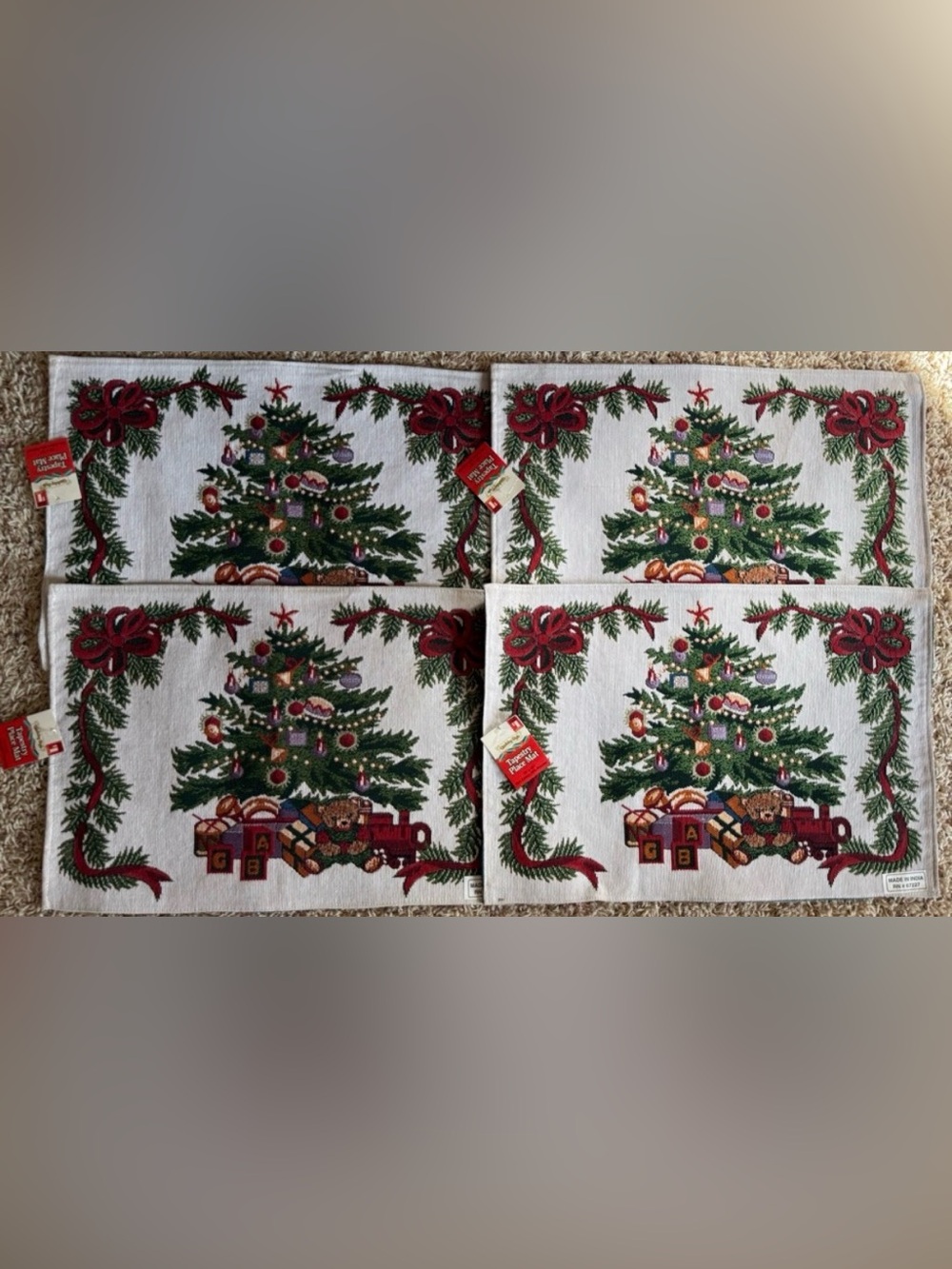 Vintage Holiday Tree Tapestry New Table Placemats with Red and Green Accents